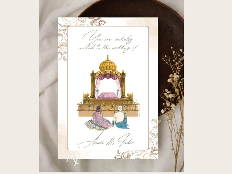A single wedding invitation card with an ornate gold floral border and a traditional ceremony altar illustration rests on a dark brown plate.