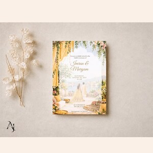 A single wedding invitation template is centered on a neutral textured surface next to a delicate dried white floral stem.