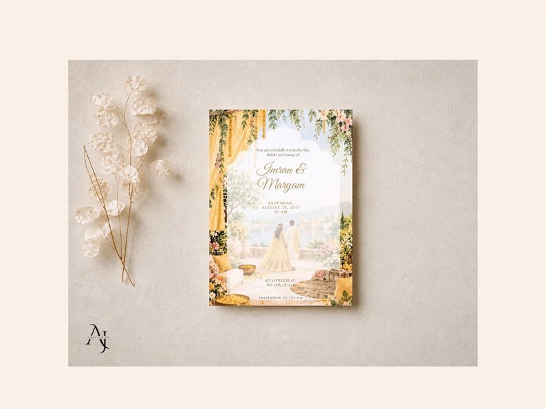 A single wedding invitation template is centered on a neutral textured surface next to a delicate dried white floral stem.
