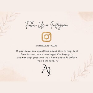 A peach colored promotional card with text that reads Follow Us on Instagram, featuring an Instagram logo, the handle @FOREVERBYAJ.CO, and a customer support message.