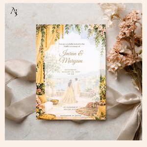 A wedding invitation template laid on a textured surface with a bouquet of peach-colored flowers and a tied silk ribbon.