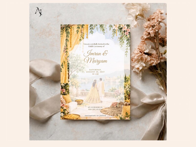 A wedding invitation template laid on a textured surface with a bouquet of peach-colored flowers and a tied silk ribbon.