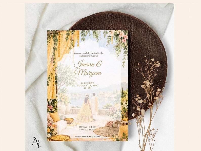 The wedding invitation template placed over a dark brown woven charger plate and a white cloth, accompanied by dried floral stems.