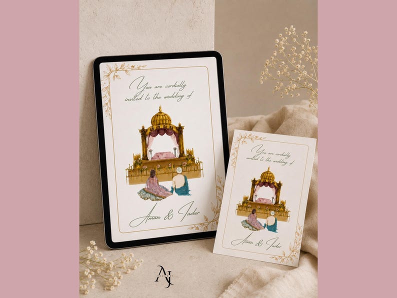 A digital tablet displaying an Indian wedding invitation card sits on a fabric surface beside a printed card with the same design.