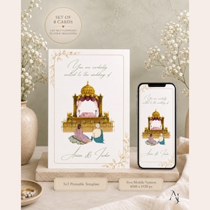 A wedding invitation template featuring a traditional altar illustration rests next to a smartphone displaying the same digital design on a neutral surface.