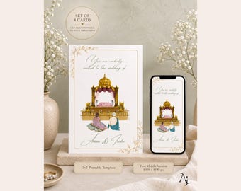 White and Golden| Sikh Wedding Invite, 8-Card Canva Template | 5x7 Printable Digital Download