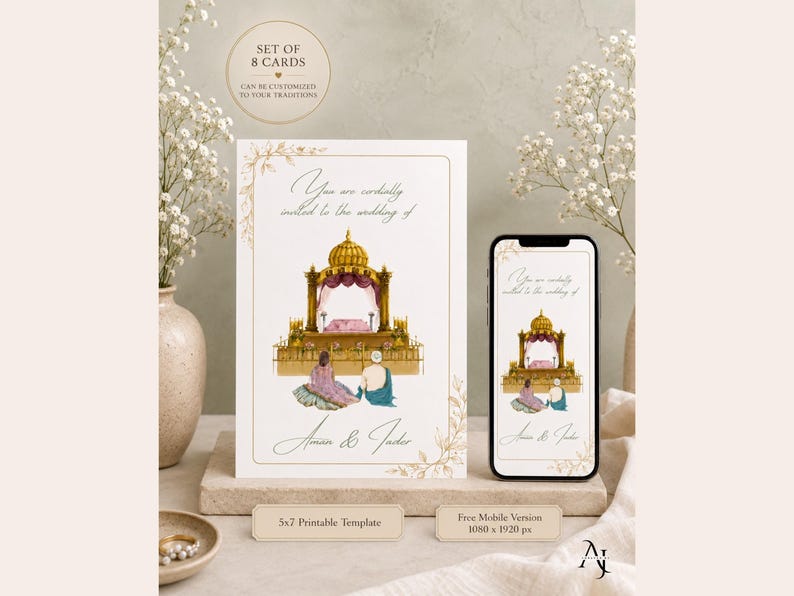 A wedding invitation template featuring a traditional altar illustration rests next to a smartphone displaying the same digital design on a neutral surface.