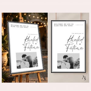 Two vertical layout options for the Khalid and Fatima wedding welcome sign, one on a wooden easel and one hanging.