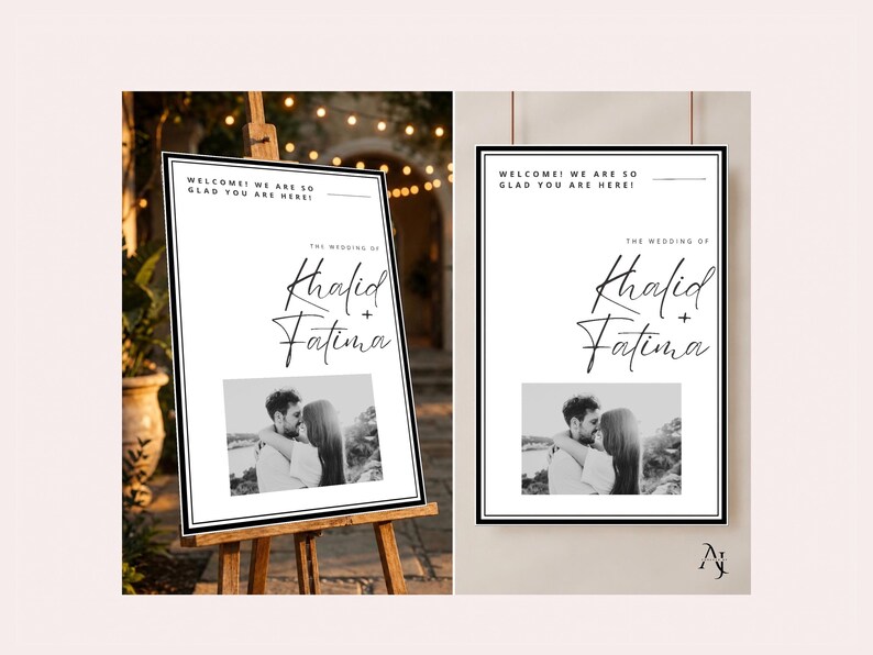 Two vertical layout options for the Khalid and Fatima wedding welcome sign, one on a wooden easel and one hanging.