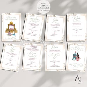 An array of eight matching wedding invitation and event cards featuring floral gold borders and traditional illustrations displayed on a white surface.