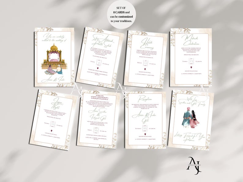 An array of eight matching wedding invitation and event cards featuring floral gold borders and traditional illustrations displayed on a white surface.