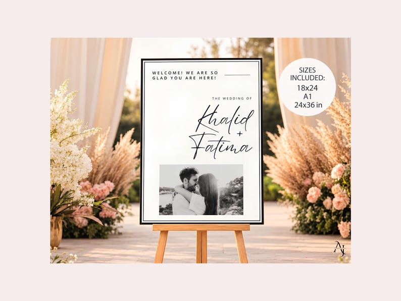 A wedding welcome sign on a wooden easel outdoors, featuring the text Khalid and Fatima and a couple's photo, with a text overlay showing available sizes.