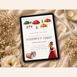 May include: A digital invitation on a tablet screen featuring colorful hanging umbrellas, lanterns, two dhol drums, and an illustration of a person in a red outfit carrying a pot. The text reads Sadi Kuri Da Viah, Savenna's Jaggo, Friday, July 4, 2029.