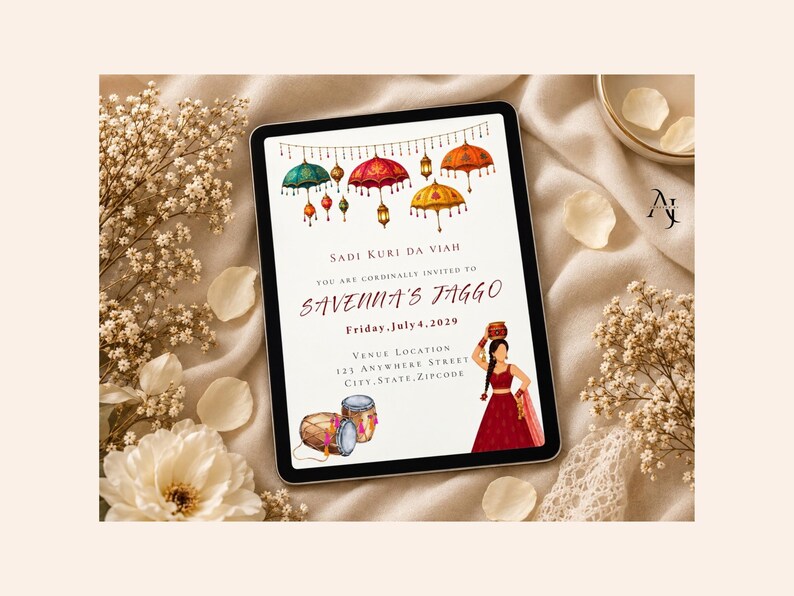 May include: A digital invitation on a tablet screen featuring colorful hanging umbrellas, lanterns, two dhol drums, and an illustration of a person in a red outfit carrying a pot. The text reads Sadi Kuri Da Viah, Savenna's Jaggo, Friday, July 4, 2029.