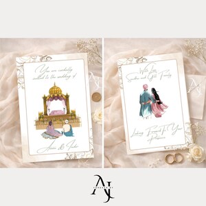 Two wedding invitation cards display traditional Indian artwork alongside a couple seen from behind against a textured fabric background.