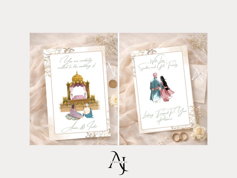 Two wedding invitation cards display traditional Indian artwork alongside a couple seen from behind against a textured fabric background.