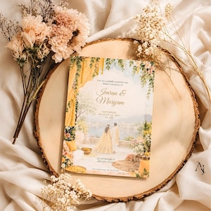 A wedding invitation template rests on a rustic wood slice surrounded by pink flowers and white baby breath branches against a draped fabric background.