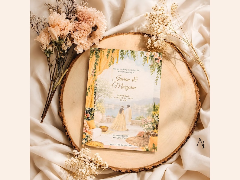 A wedding invitation template rests on a rustic wood slice surrounded by pink flowers and white baby breath branches against a draped fabric background.