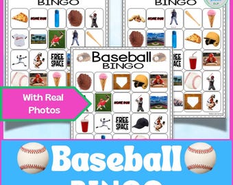 Gra w baseball bingo do druku z prawdziwymi kartami fotograficznymi, gra sportowa na imprezę do pobrania natychmiast, 28 unikalnych plansz
