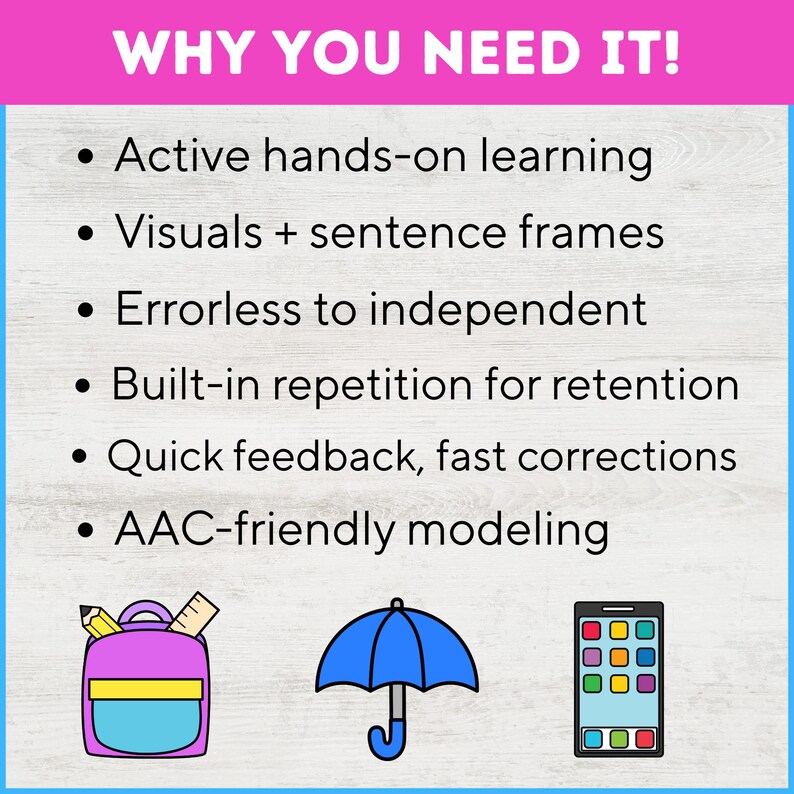 Pu&ograve; includere: Immagine con il testo "PERCH&Eacute; NE HAI BISOGNO!" e punti elenco che descrivono i vantaggi dell'apprendimento. Le illustrazioni includono uno zaino, un ombrello e uno smartphone. Il testo evidenzia l'apprendimento attivo e il feedback rapido.