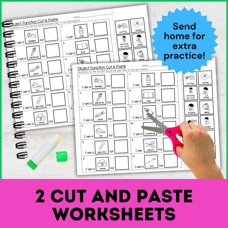 May include: Two spiral-bound "Object Function Cut & Paste" worksheets with illustrations and fill-in-the-blank sentences. A hand holds pink scissors, cutting out images. The text "Send home for extra practice!" is in a blue starburst.