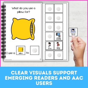 Pu&ograve; includere: Un libro a spirale con un'illustrazione di cuscino giallo e il testo "A cosa usi un cuscino?" Il libro include ausili visivi per i lettori in erba, con il testo "Uso un cuscino per" e le parole "bere", "trasportare cose" e "cambiare canale".