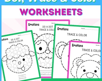 Arkusze z kropkami do nauki emocji dla dzieci, kolorowanie, śledzenie i ćwiczenia motoryki małej, do druku w formacie PDF