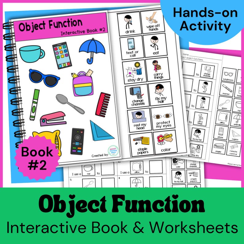 Pu&ograve; includere: Un libro interattivo e fogli di lavoro intitolati "Object Function" con illustrazioni colorate di oggetti e azioni quotidiane. Il libro &egrave; rilegato a spirale e presenta il testo "Book #2" su un'esplosione rosa.