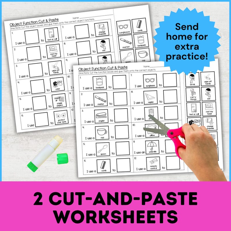 Pu&ograve; includere: Due fogli di lavoro "Object Function Cut & Paste" con frasi da completare e immagini di oggetti. Sono visibili anche uno stick di colla e delle forbici. I fogli di lavoro sono progettati per un'ulteriore pratica.