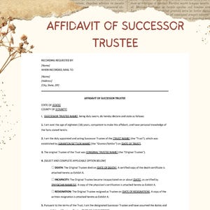 Op de afbeelding: Document 'Affidavit of Successor Trustee' met tekst op een beige achtergrond. Bevat secties voor opname, de verklaring van de trustee en opties voor overlijden, onbekwaamheid of ontslag.