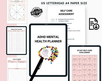 Planer zdrowia psychicznego dla osób z ADHD | Wersja cyfrowa | Planer lęku, koncentracji i dbania o siebie | Plik PDF do druku