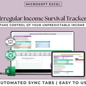 Puede incluir: Un rastreador financiero digital que se muestra en una computadora portátil y una tableta. El título dice "Irregular Income Survival Tracker". El texto adicional incluye "Take Control of Your Unpredictable Income" y "Automated Sync Tabs | Easy to Use."