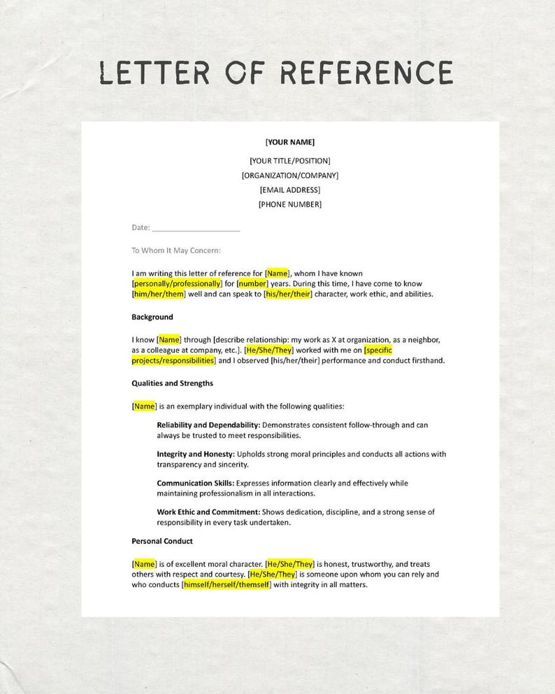 Reference Letter Template - MS Word (instant Download) - Etsy