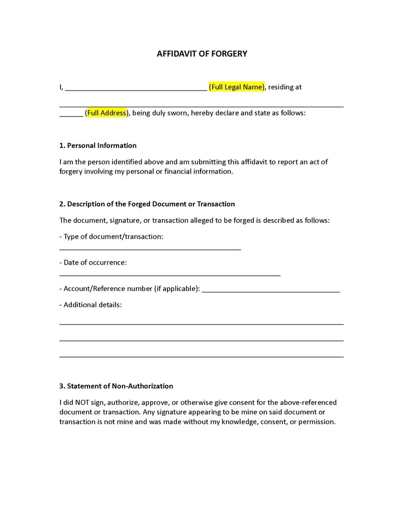 Forgery Template Affidavit of Forgery Template - Editable MS Word (instant Download) - Etsy