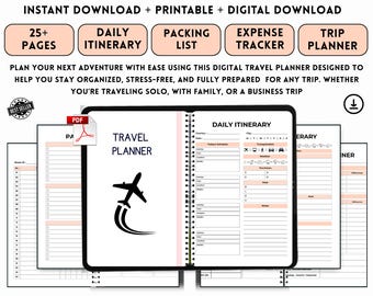 May include: A digital travel planner with the text "TRAVEL PLANNER" and a graphic of an airplane. The planner includes sections for daily itineraries, packing lists, and expense tracking. It is available for instant download and printing.