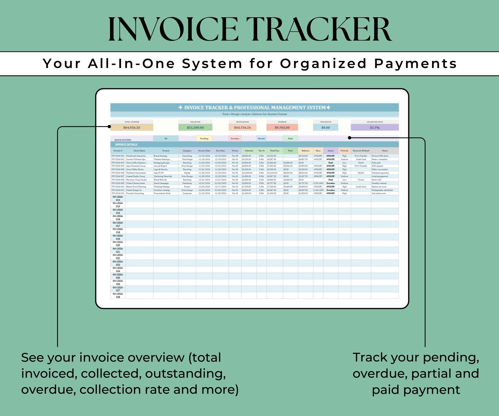 Invoice & Payment Tracker System - Instant Download - MS Excel or ...
