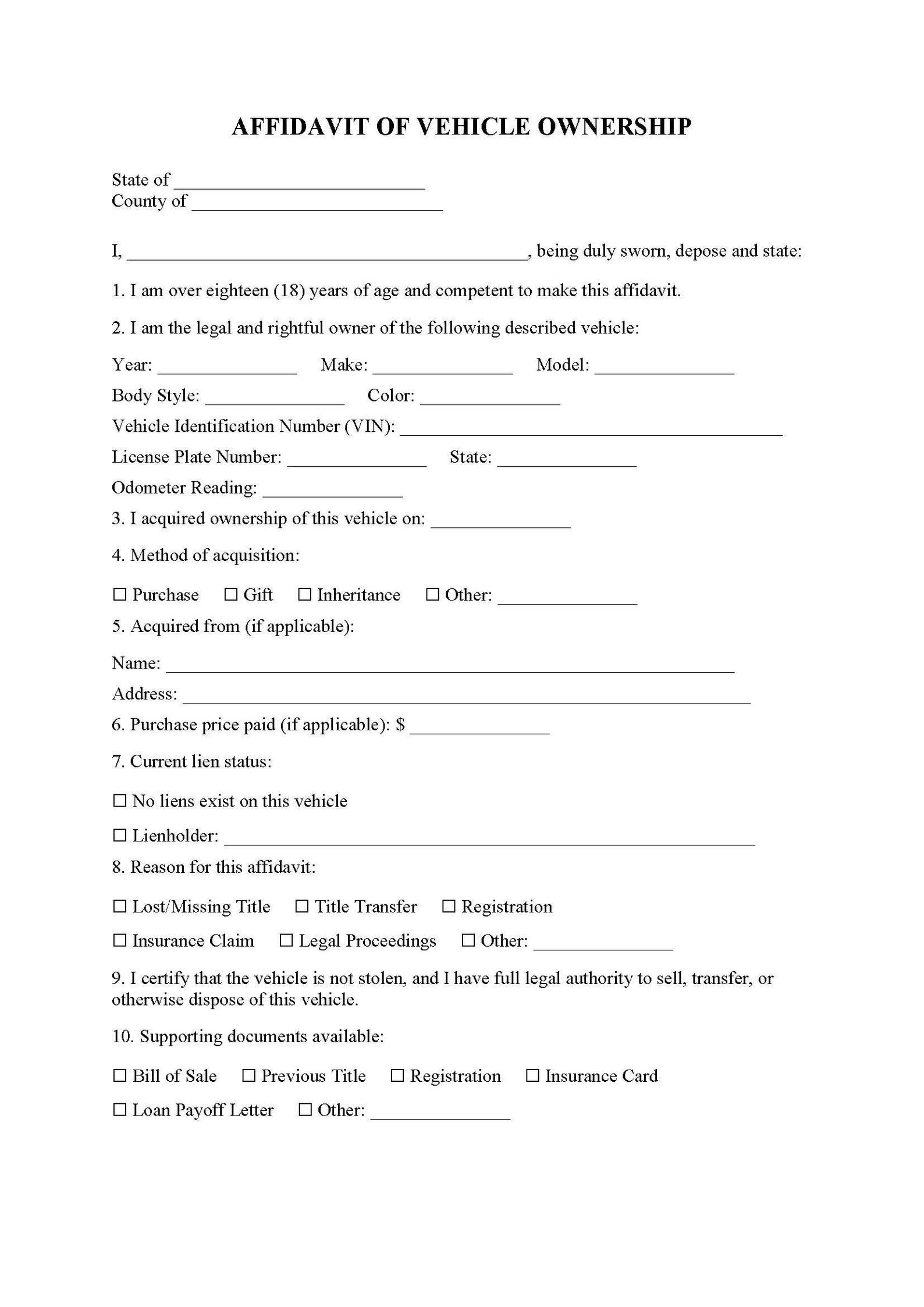 Vehicle Ownership Form.pdf Affidavit of Ownership (vehicle) - Instant Download - MS Word - Etsy