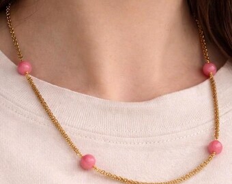 Pink Jade Station Necklace • Gold Rolo Chain • Boho Gemstone Jewelry