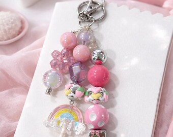 Pink Beaded Bag Charm | Rainbow Lollipop Keychain