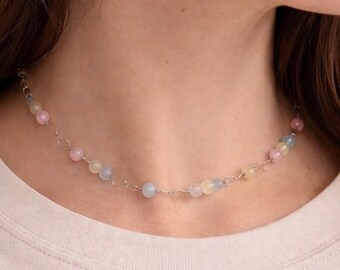 Pastel Jade Bead Necklace • Multicolor Stone Choker • Wire Wrapped Gemstone Necklace