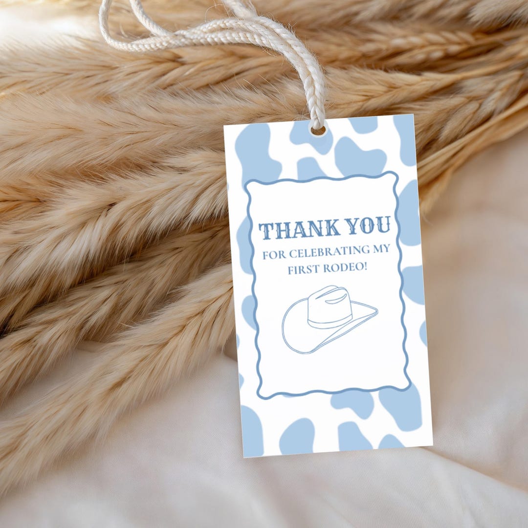 First Rodeo Thank You Tags, Cowboy First Birthday Favor Tags, Blue ...