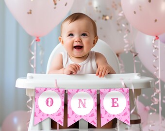 Roze eerste rodeo kinderstoel banner, cowgirl ONE banner, western 1e verjaardag decor, rodeo feestdecoratie, afdrukbaar bord kinderstoel