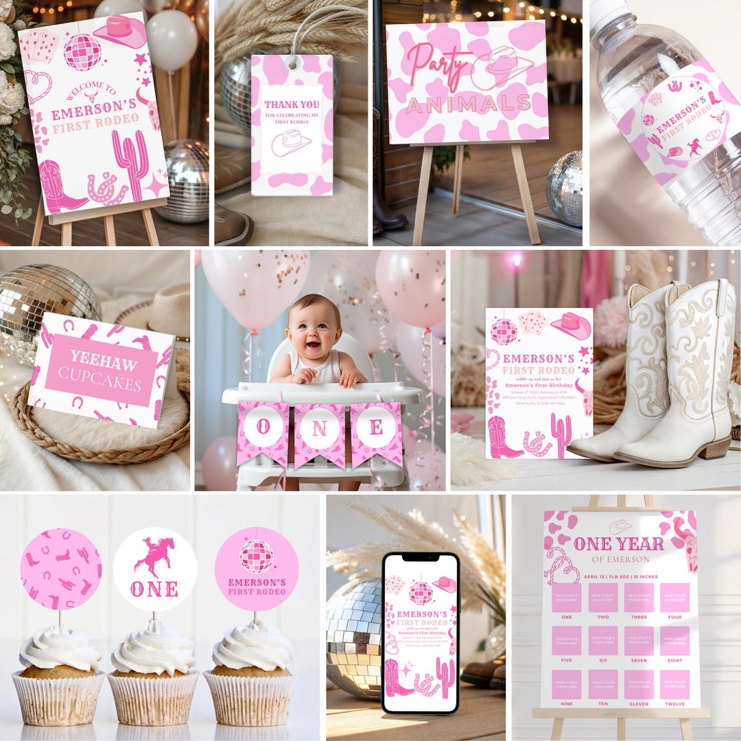Pink First Rodeo Birthday Bundle, Cowgirl 1st Birthday Decor, Editable ...