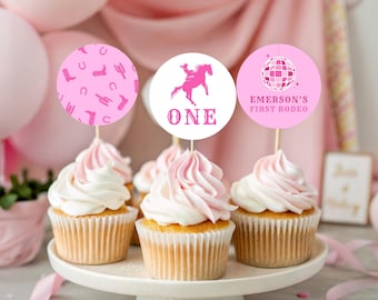 Pink Cowgirl Cupcake Toppers, First Rodeo Cake Toppers, Rodeo Birthday Party Decor, Printable Cowgirl One Topper, Western Girl Party