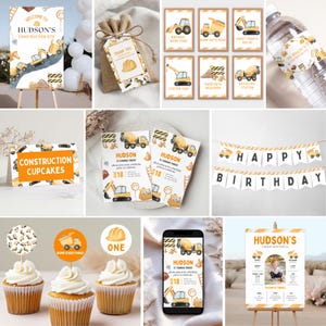Puede incluir: Una colección de decoraciones para fiestas con temática de construcción. Incluye letreros, invitaciones y una pancarta. La combinación de colores es naranja, amarillo y marrón, con imágenes de vehículos de construcción y el texto "Hudson's Construction Site".