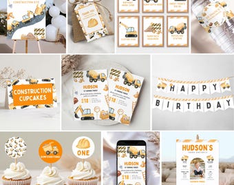 Paquete de fiesta de cumpleaños de construcción, decoraciones editables para fiesta de construcción, cumpleaños de camión volquete, decoración para fiesta de construcción para niño