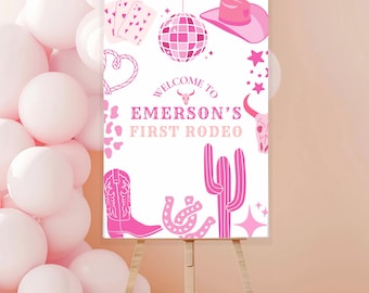 Pink First Rodeo Welcome Sign, Cowgirl Birthday Party Sign, Western Rodeo Birthday Decor, Editable Canva Template, Printable Sign