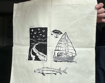 Tote Bag, Linocut Print Collage | April’s Mail Club Prints