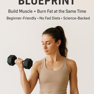 May include: Image features a woman holding a black dumbbell, with text overlay: "BODY RECOMP BLUEPRINT." Additional text reads: "Build Muscle + Burn Fat at the Same Time, Beginner-Friendly, No Fad Diets, Science-Backed." A banner at the bottom says "DIGITAL DOWNLOAD."
