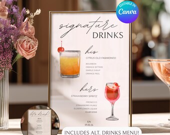 Plantilla de letrero de bebidas de autor / Letrero de cóctel personalizable en Canva / Letrero de menú de bar de bodas / Letrero de bebida editable para él o para ella imprimible